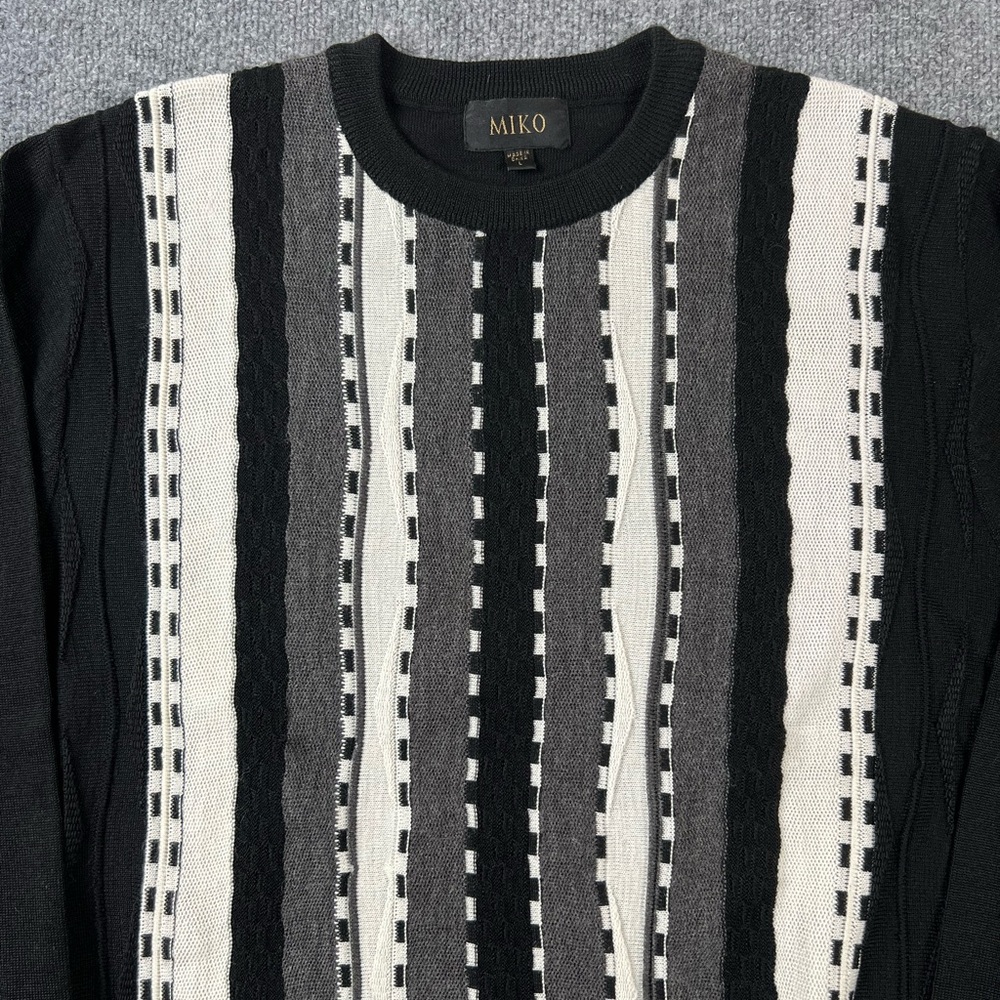 Miko Sweater Mens L Black 3D Knit Textured Geometric Stretch Retro 80s Grandpa‎ - Picture 3 of 8